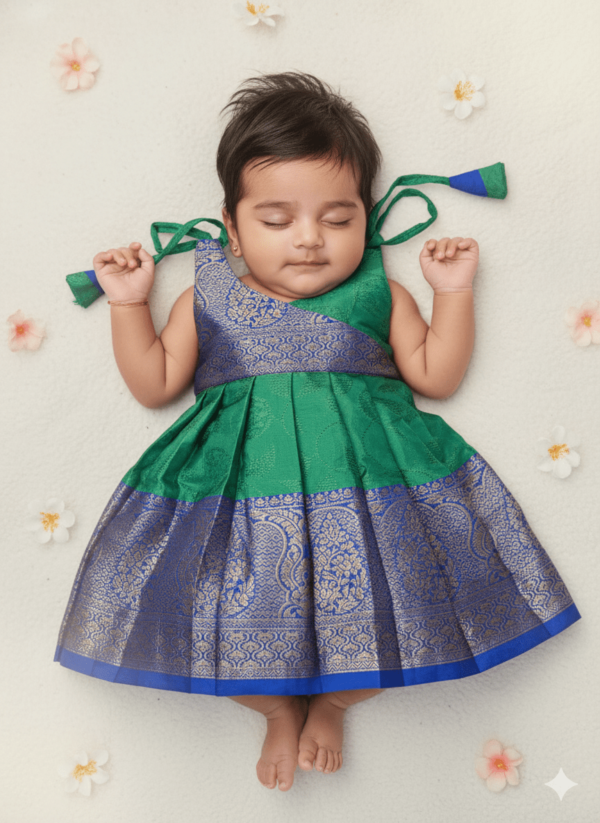 New Born Blue & Green Raw Silk Frock LF1673 - Prince N Princess