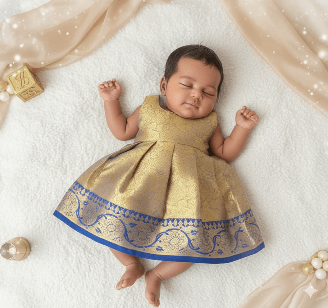 New Born Blue with Gold Banarasi Silk Knot Type Frock LF1628 - Prince N Princess