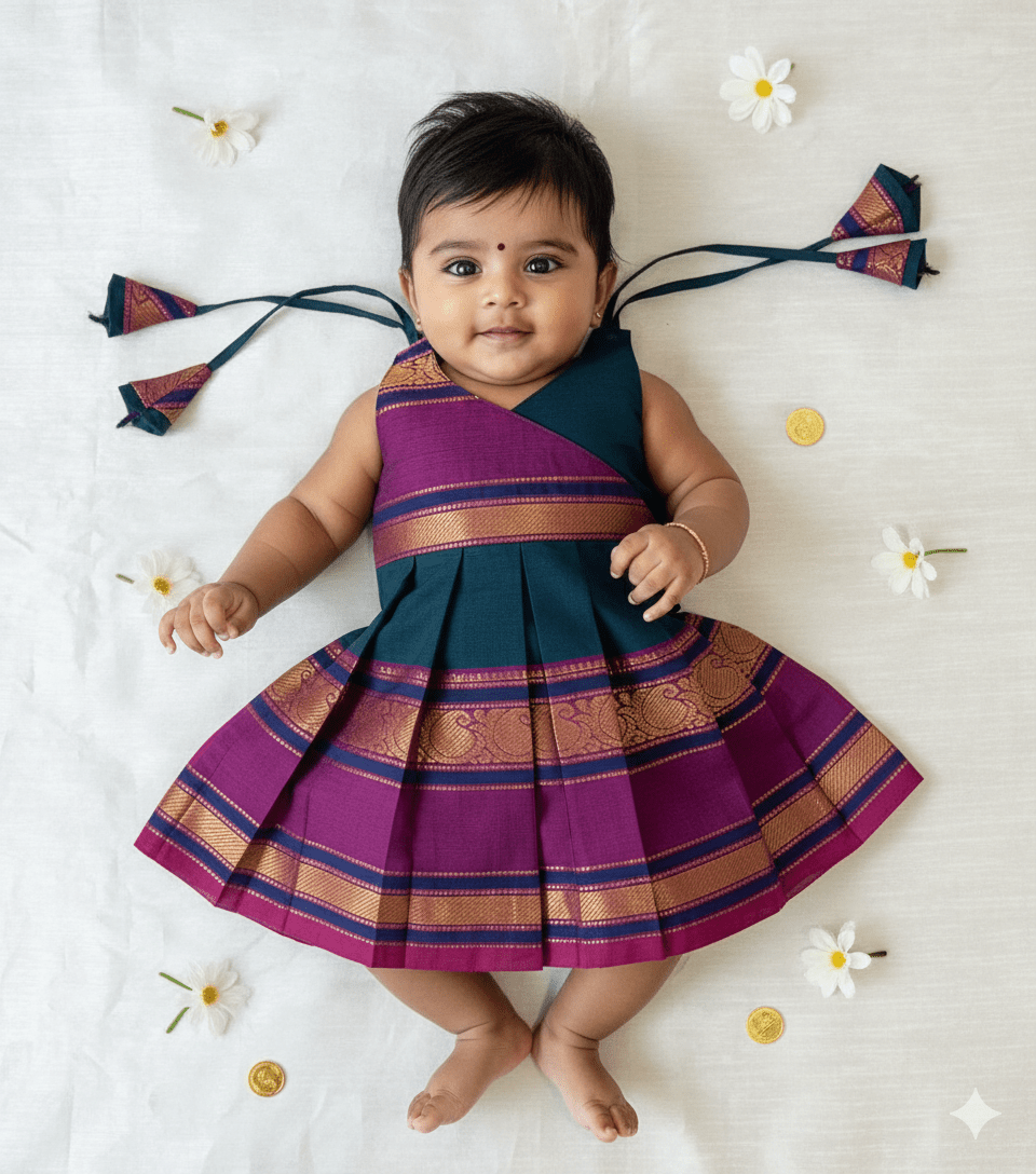 New Born Blue with Megenta Chettinad Cotton Frock LF1643 - Prince N Princess