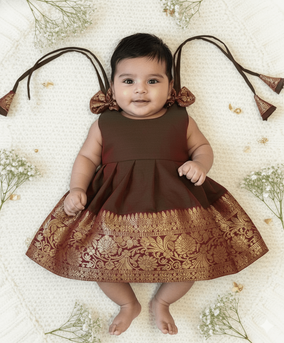 New Born Brown with Green Chettinad Cotton Frock LF1648 - Prince N Princess