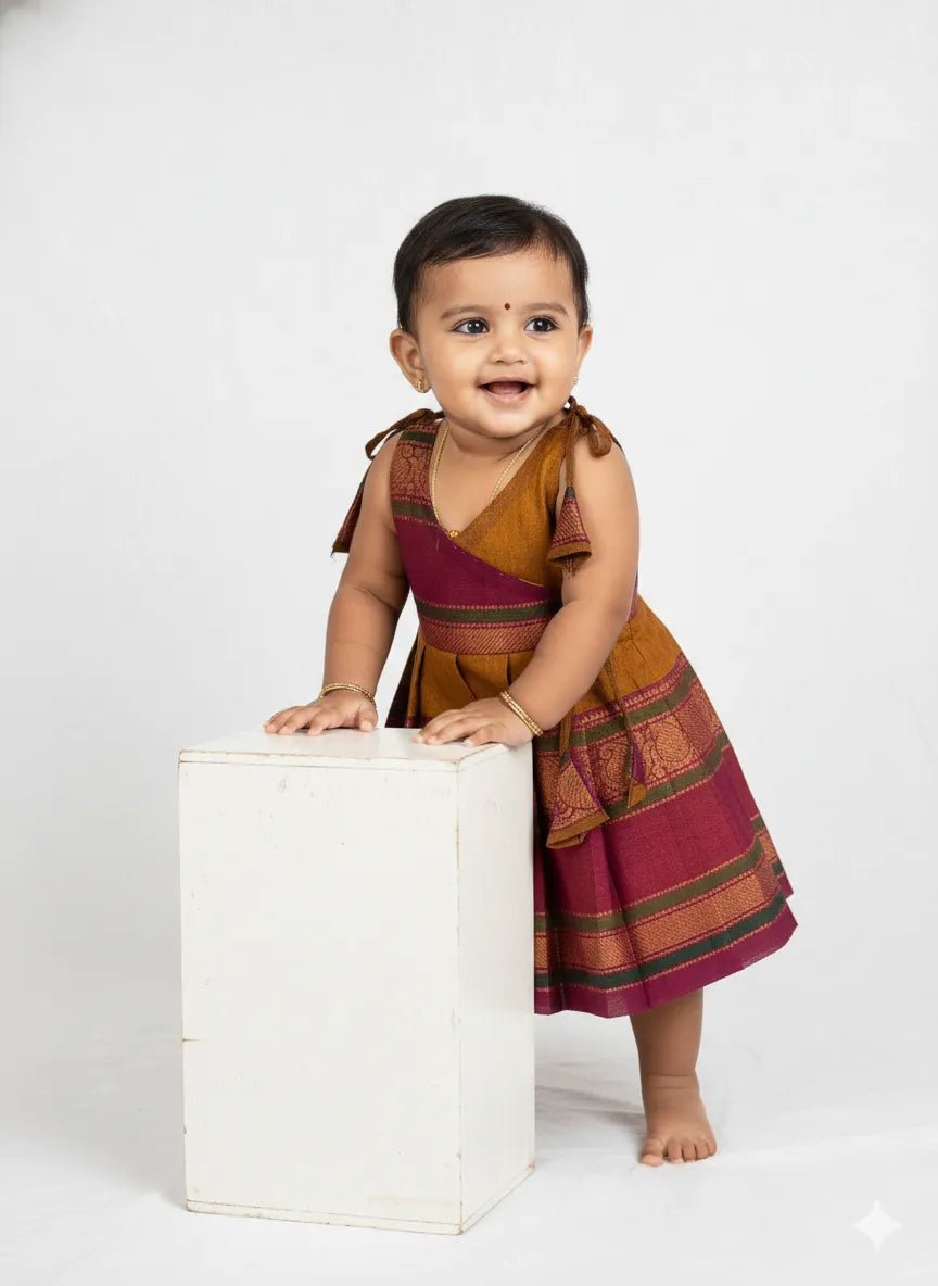 New Born Chettinad Cotton Frock in Mustard LF1715 - Prince N Princess