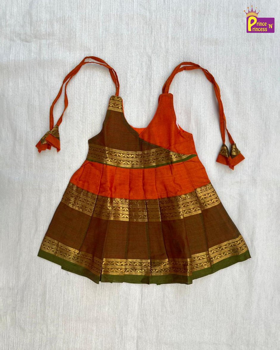 New Born Chettinad Cotton Frock Orange with Green LF1725 - Prince N Princess