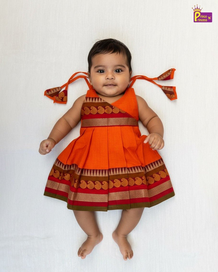 New Born Chettinad Cotton Frock Orange with Green LF1727 - Prince N Princess