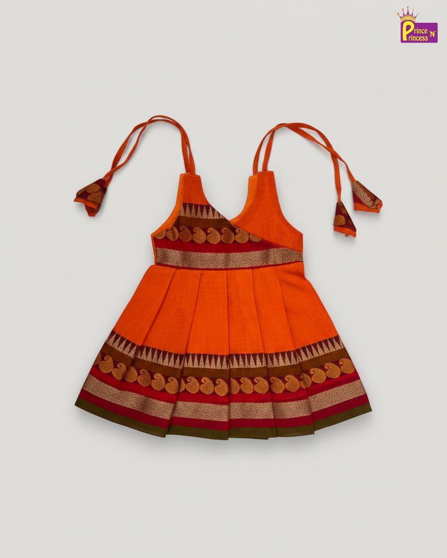 New Born Chettinad Cotton Frock Orange with Green LF1727 - Prince N Princess