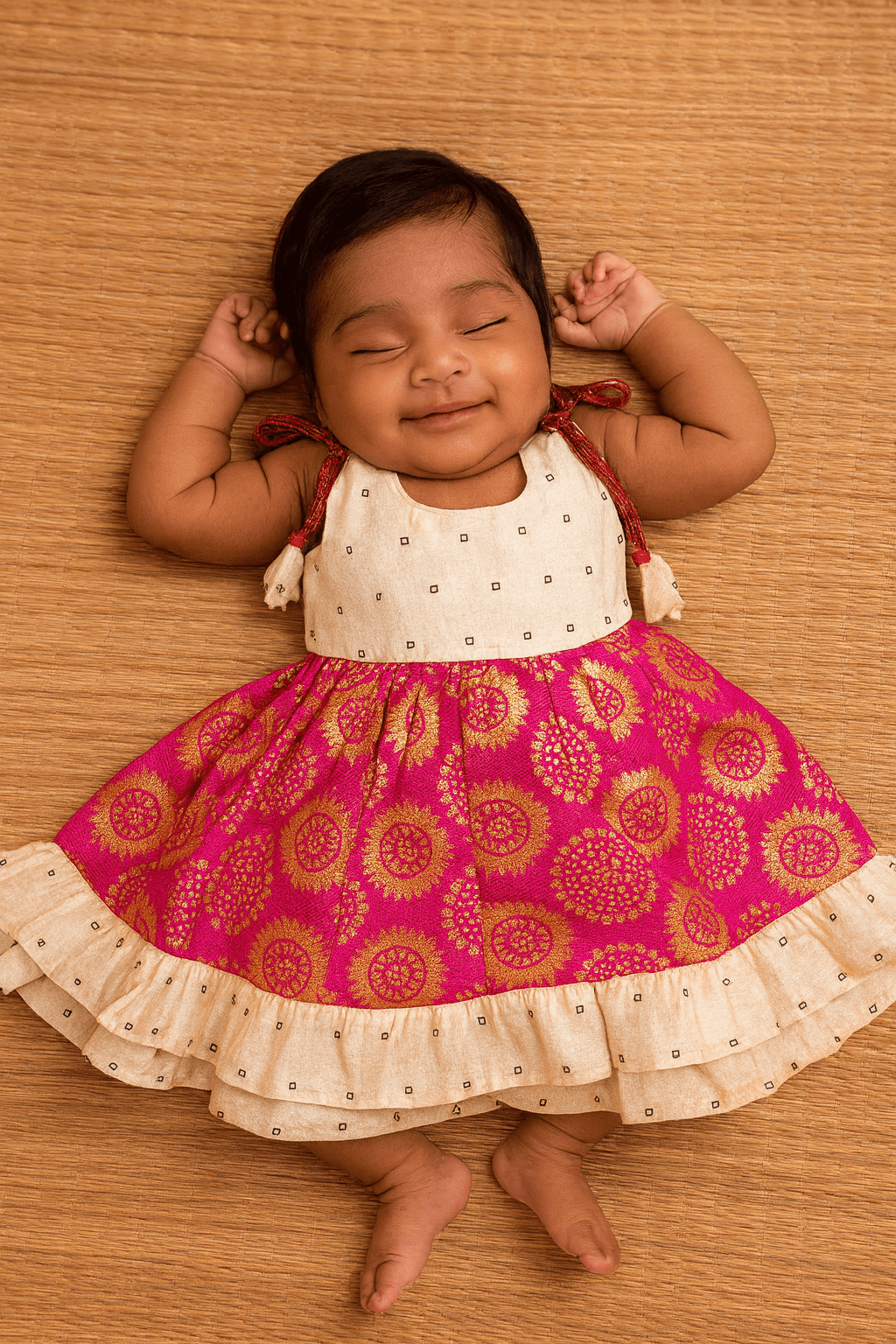 New Born Cream Pink Raw Silk Frock LF389 - Prince N Princess
