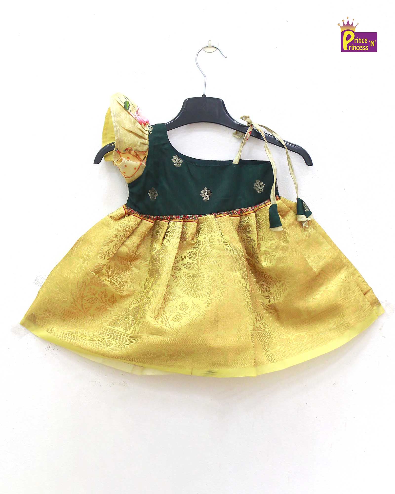 New born Dark green with Cream Raw Silk Frock LF818 - Prince N Princess