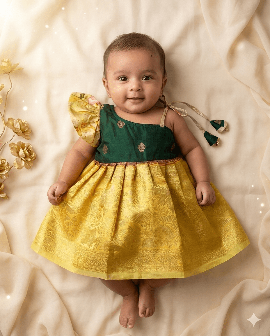 New born Dark green with Cream Raw Silk Frock LF818 - Prince N Princess