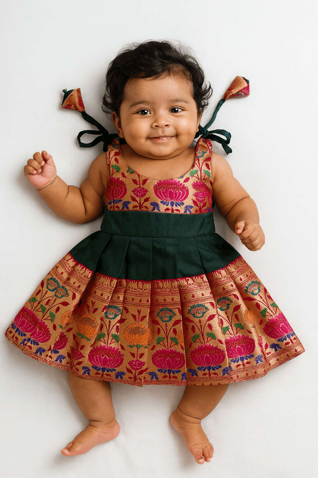 New Born Dark Green With Red Raw Silk Frock LF1586 - Prince N Princess