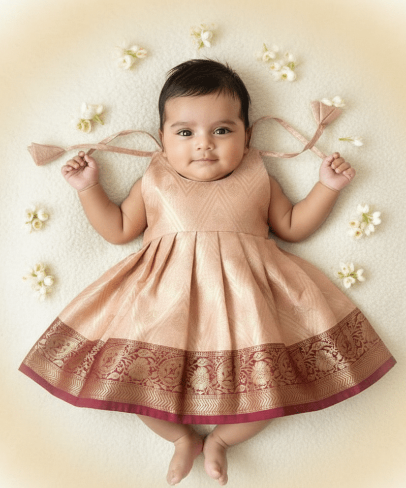 New Born Gold with Maroon Banarasi Silk Knot Type Frock LF1662 - Prince N Princess