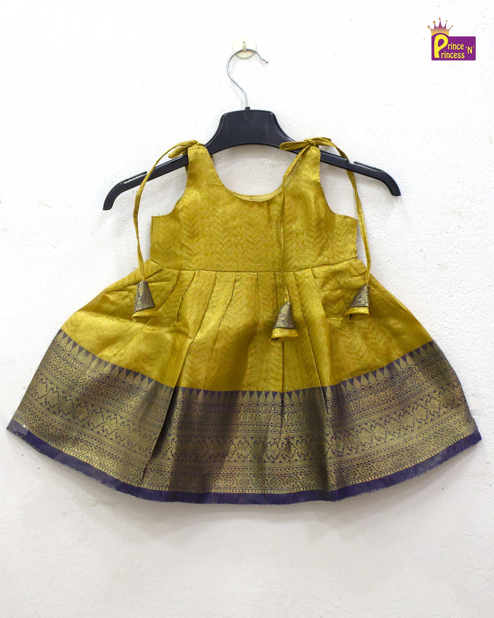 New Born Gold with Navy Raw Silk Frock LF1515 - Prince N Princess