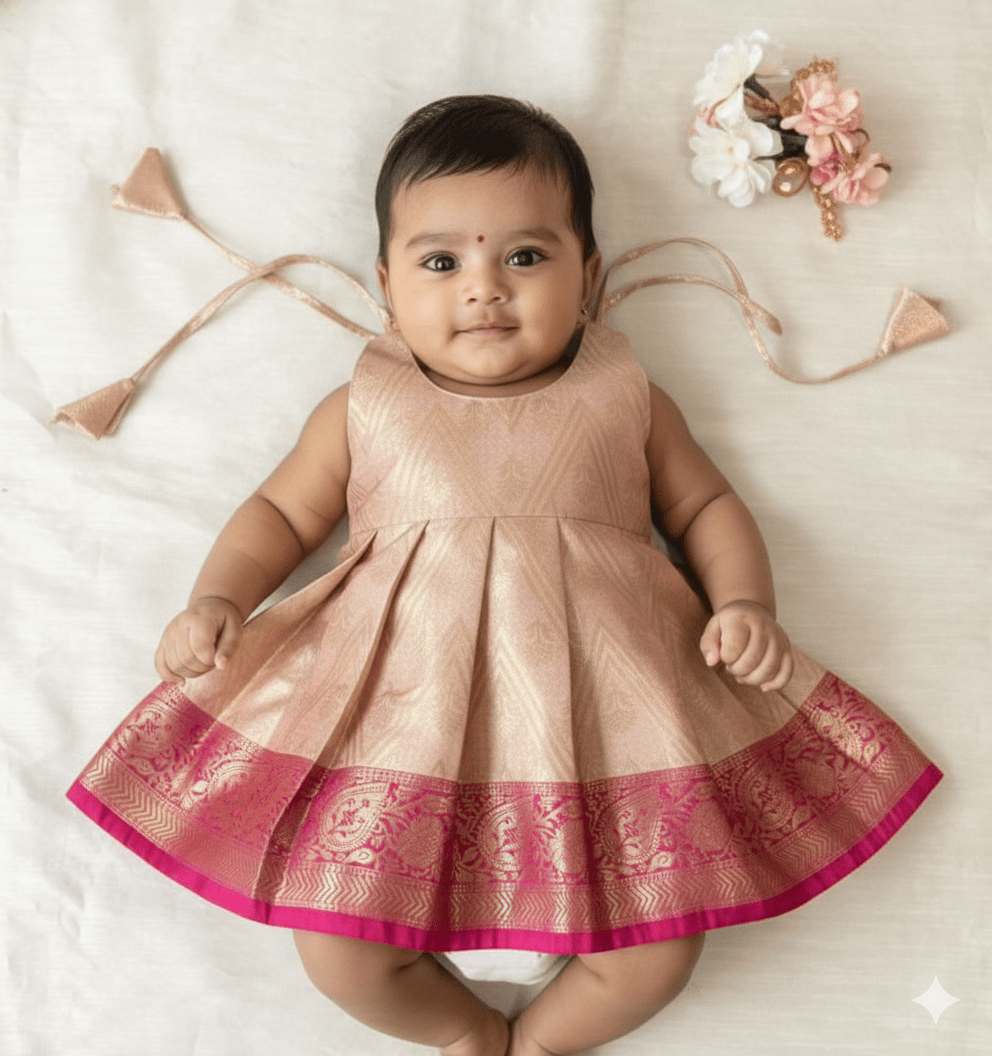 New Born Gold with Pink Banarasi Silk Knot Type Frock LF1661 - Prince N Princess