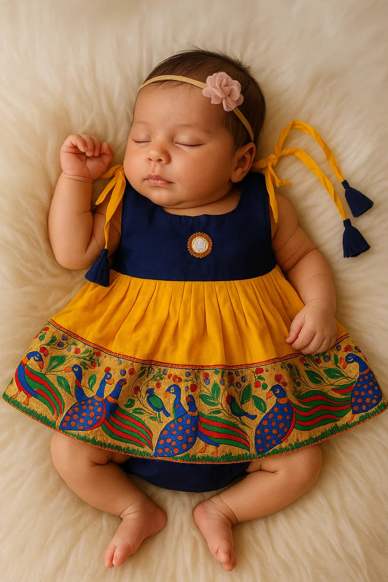 Newborn Pattu Frock with Peacock Border Design Banarasi Silk Knee Frock princenprincess