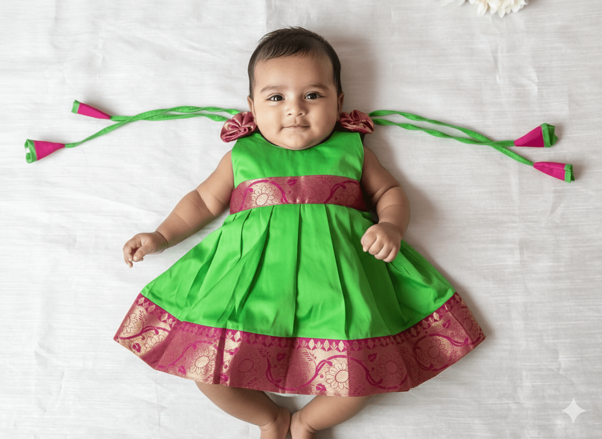 New Born Green Banarasi Silk Knot Type Frock LF1616 - Prince N Princess