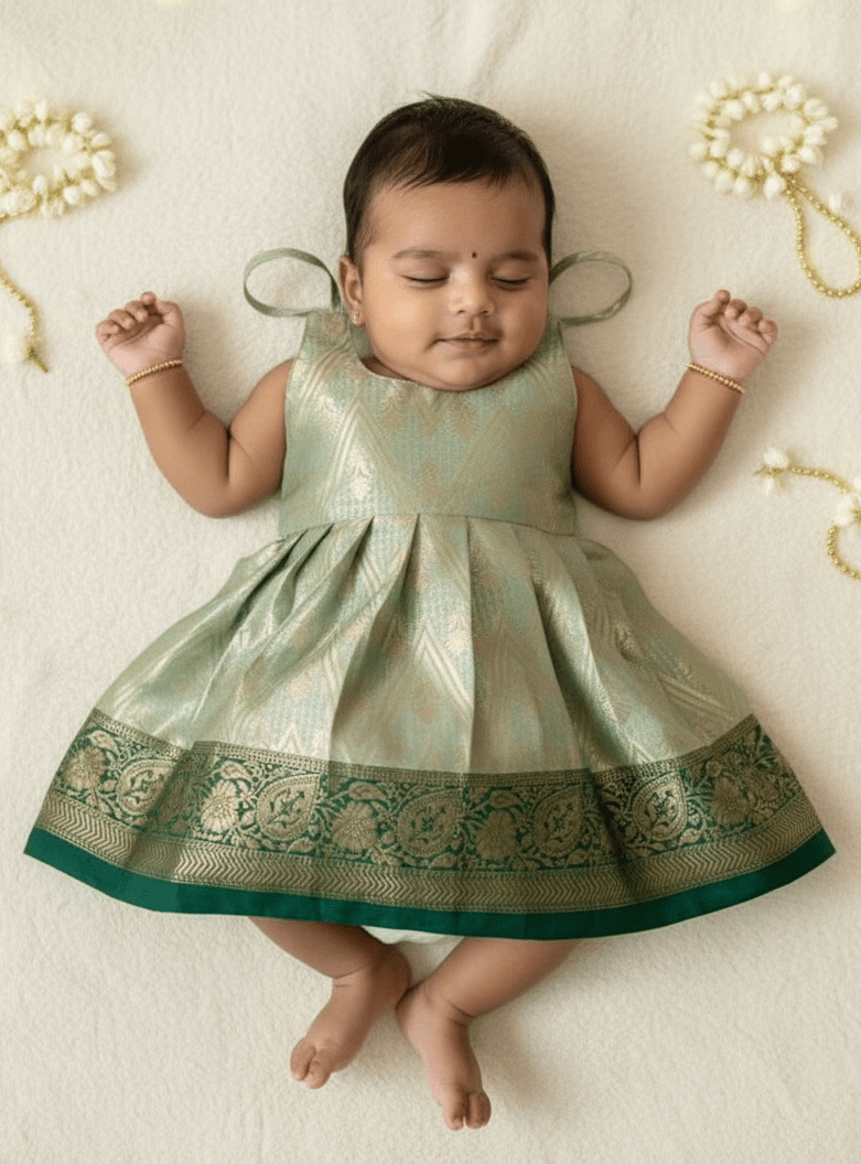 New Born Green Banarasi Silk Knot Type Frock LF1663 - Prince N Princess