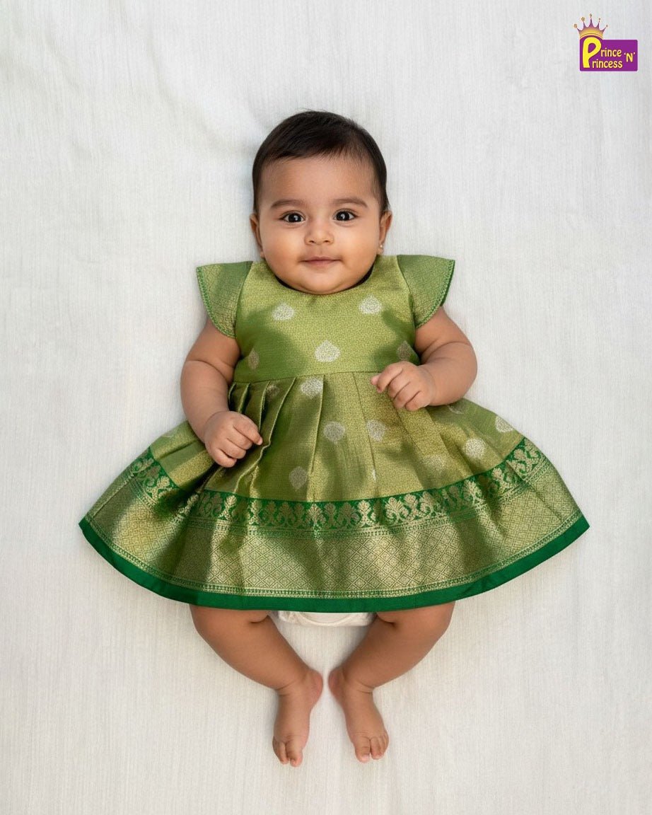 New Born Green Banarasi Silk Knot Type Frock LF1722 - Prince N Princess