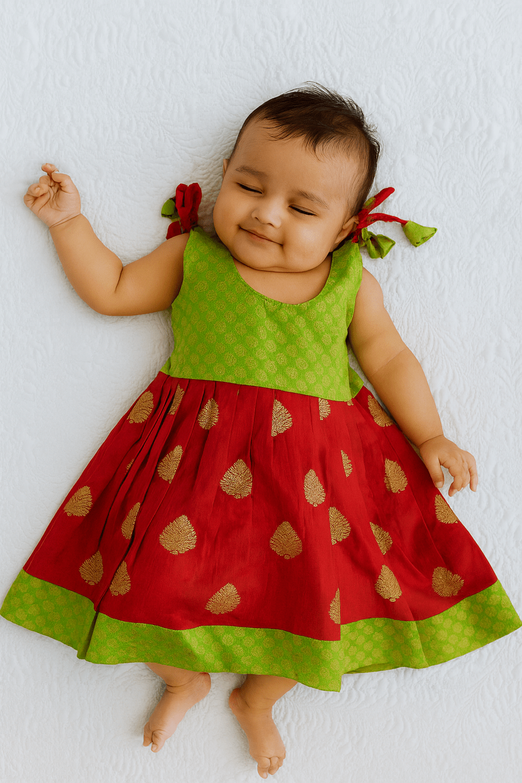 New born Green Red Raw Silk Frock LF685 - Prince N Princess
