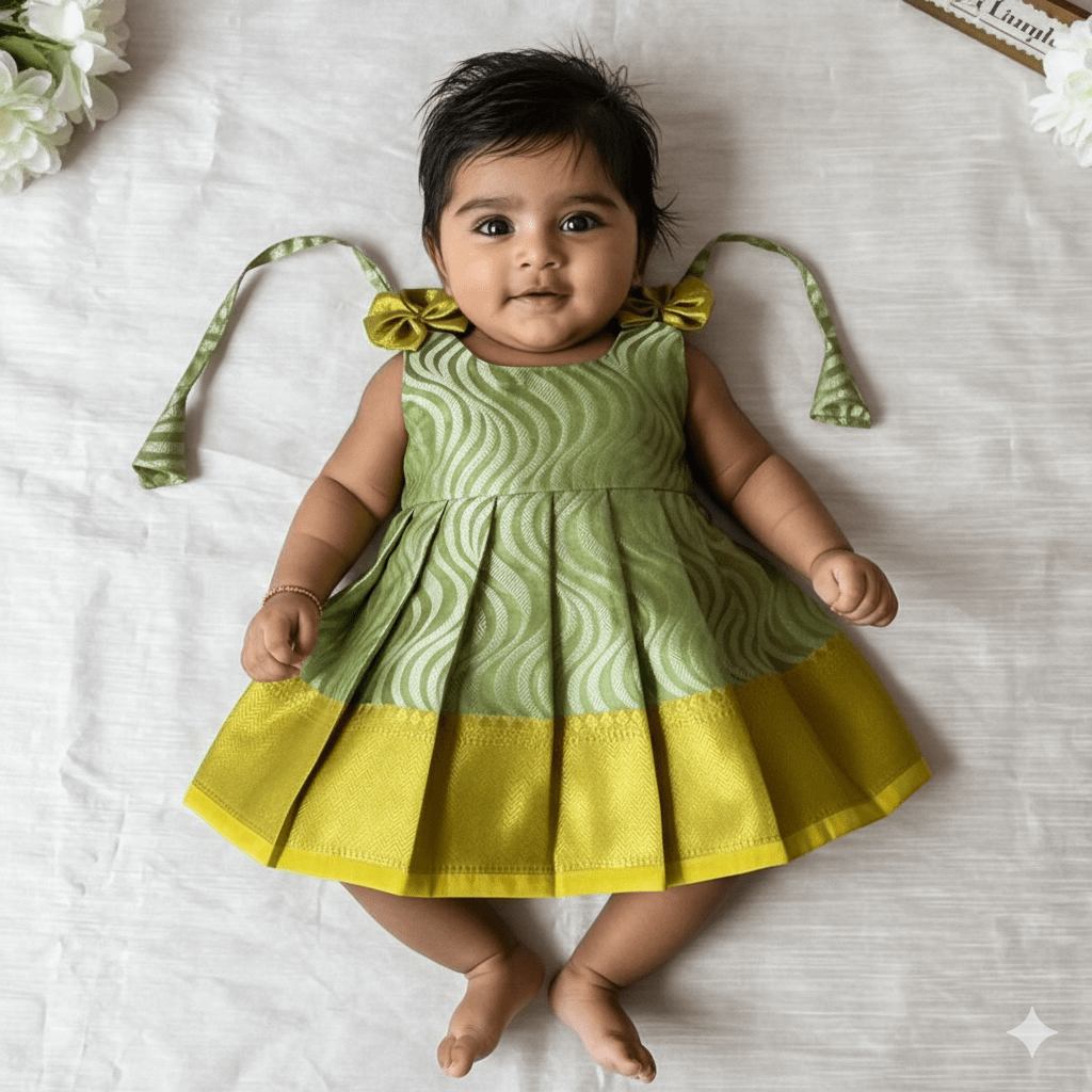 New Born Green with Gold Banarasi Silk Frock LF1611 - Prince N Princess