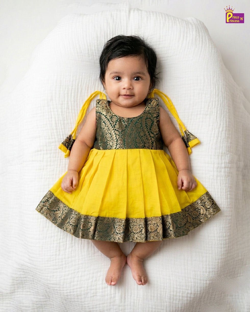 New Born Green with Lime Green Raw Silk Frock LF980 - Prince N Princess