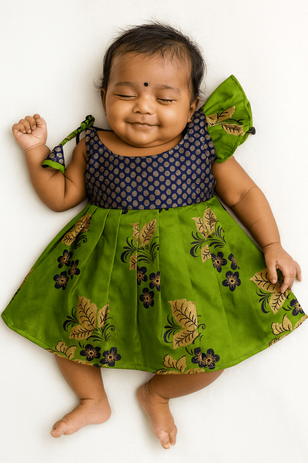 New born Green with Navy Raw Silk Frock LF834 - Prince N Princess