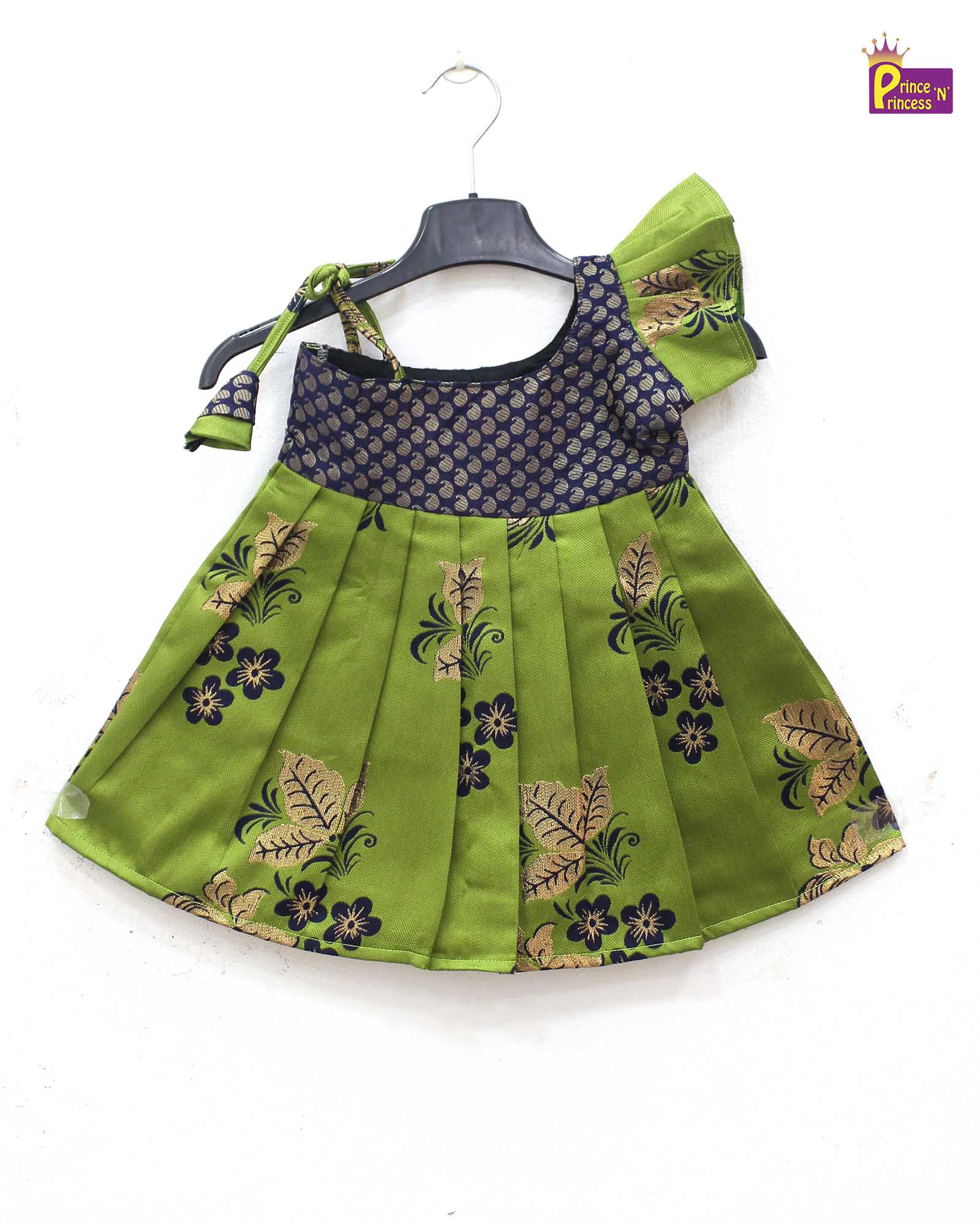 New born Green with Navy Raw Silk Frock LF834 - Prince N Princess