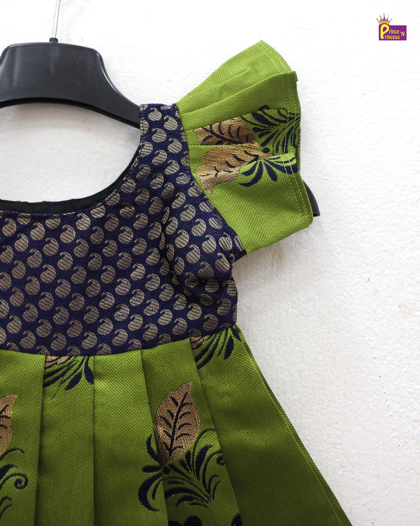 New born Green with Navy Raw Silk Frock LF834 - Prince N Princess