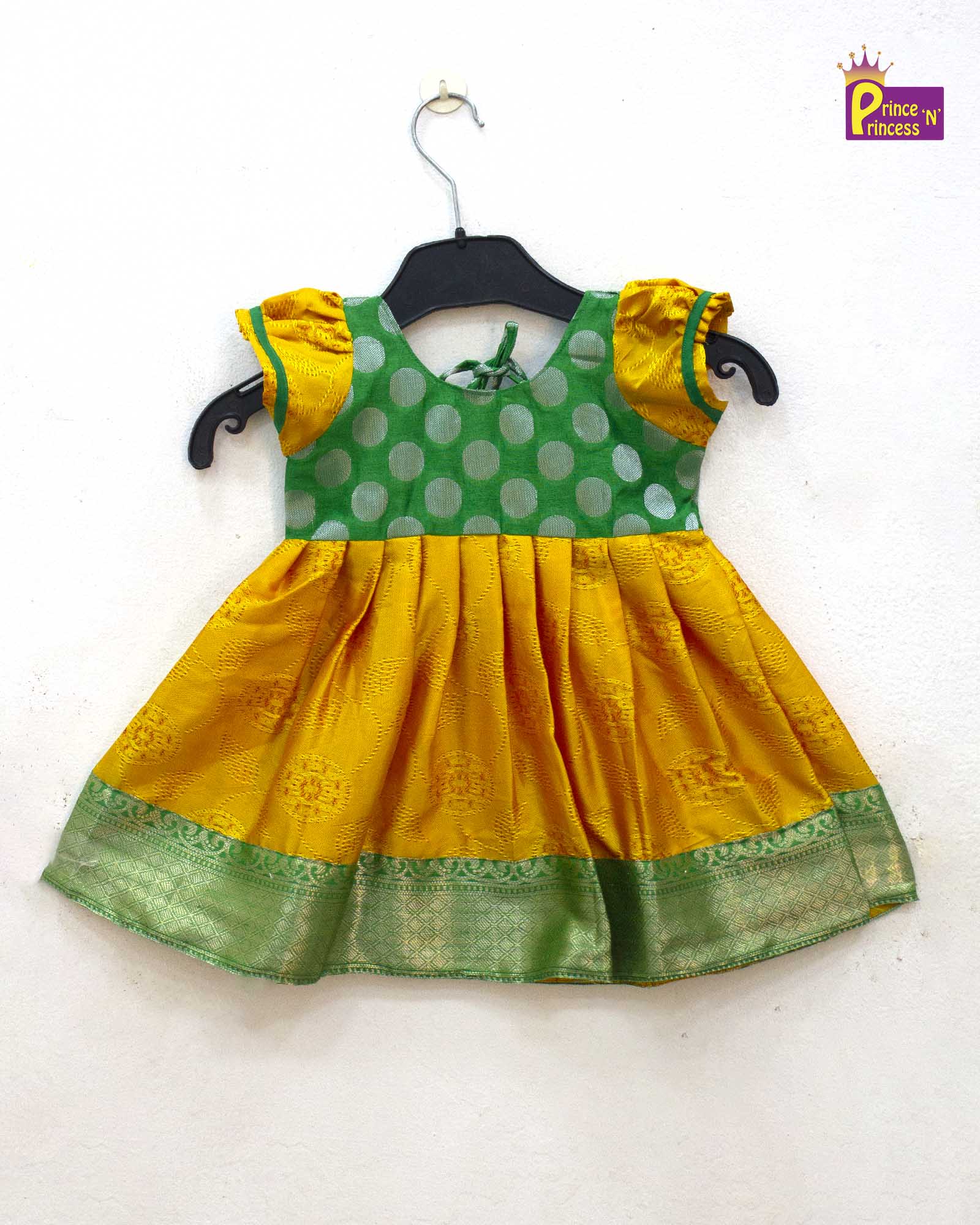 New born Green Yellow Raw Silk Frock LF1380 - Prince N Princess