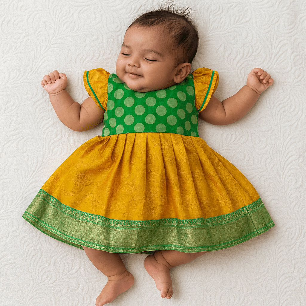 New born Green Yellow Raw Silk Frock LF1380 - Prince N Princess