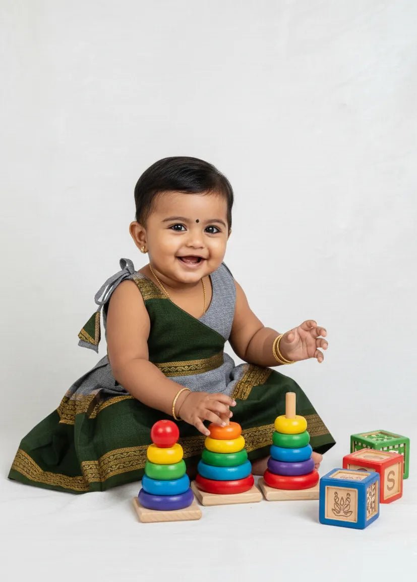 New Born Grey Green Chettinad Cotton Frock LF1710 - Prince N Princess
