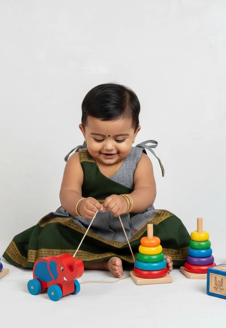 New Born Grey Green Chettinad Cotton Frock LF1710 - Prince N Princess