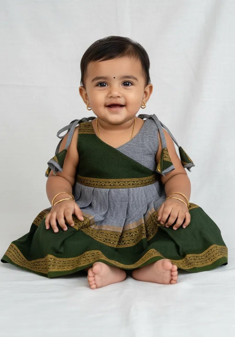 New Born Grey Green Chettinad Cotton Frock LF1710 - Prince N Princess