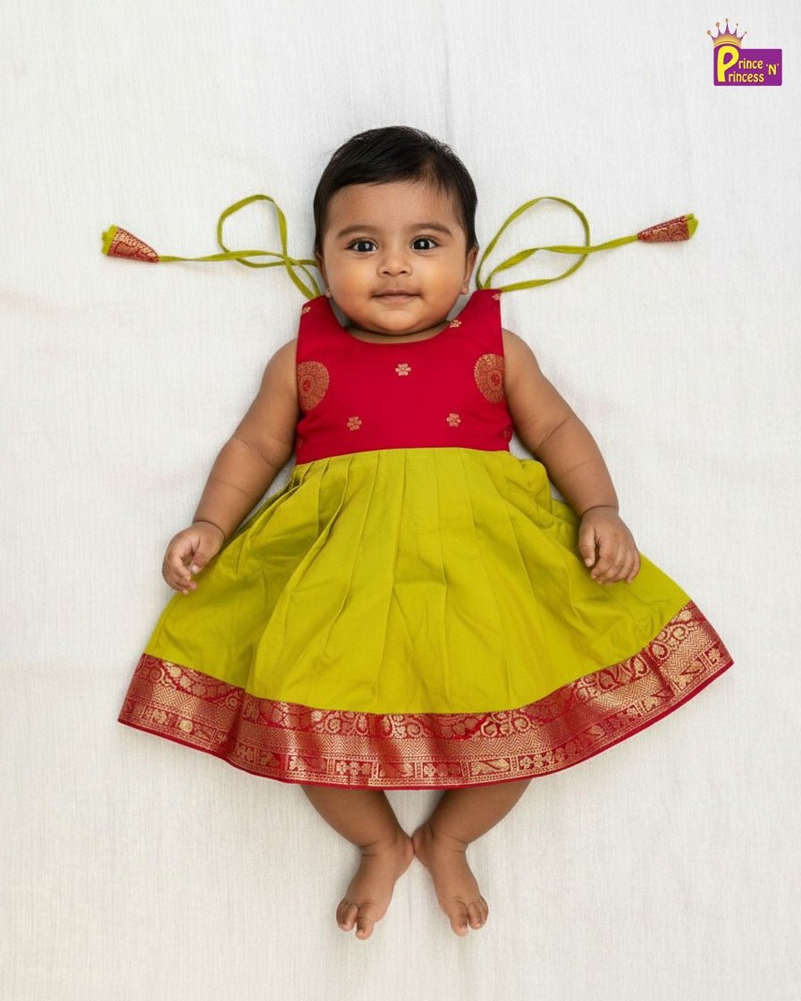 New Born Lemon Green With Maronn Raw Silk Frock LF1723 - Prince N Princess