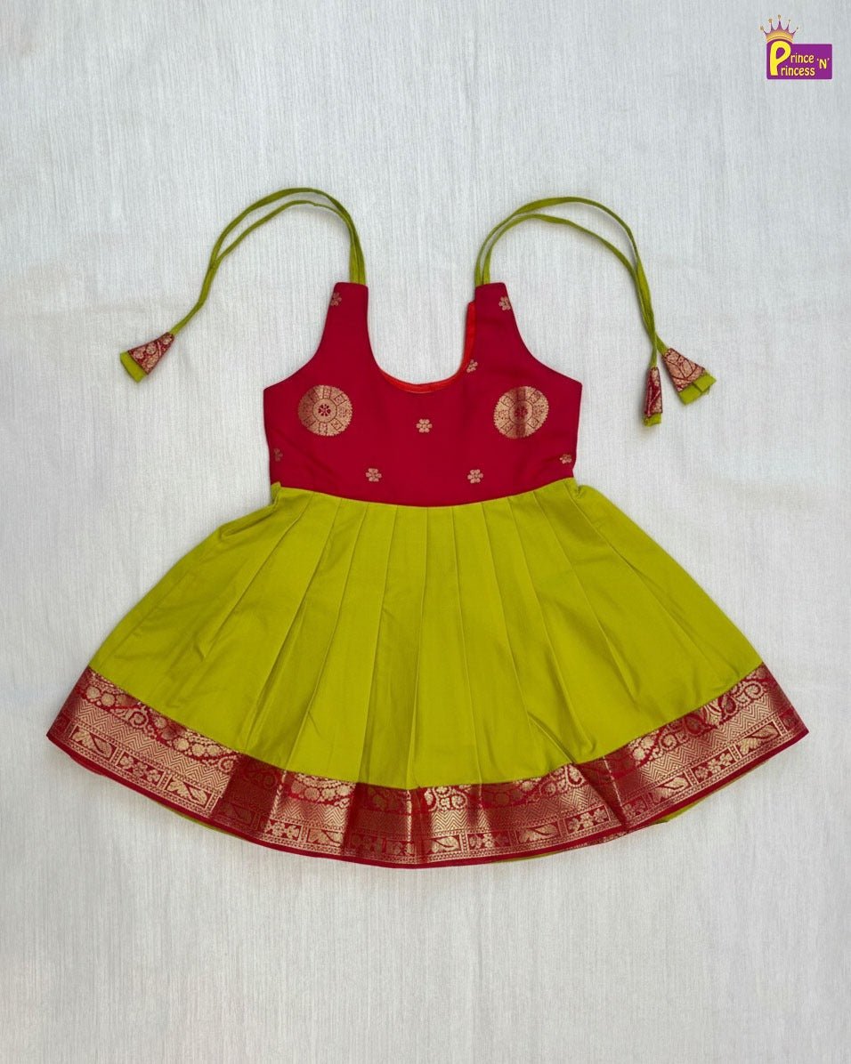 New Born Lemon Green With Maronn Raw Silk Frock LF1723 - Prince N Princess