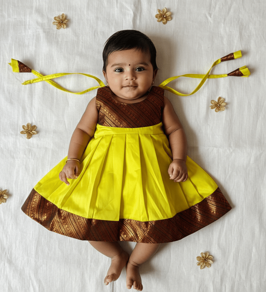 New Born Lemon Yellow with Copper Border Raw Silk Frock LF1651 - Prince N Princess