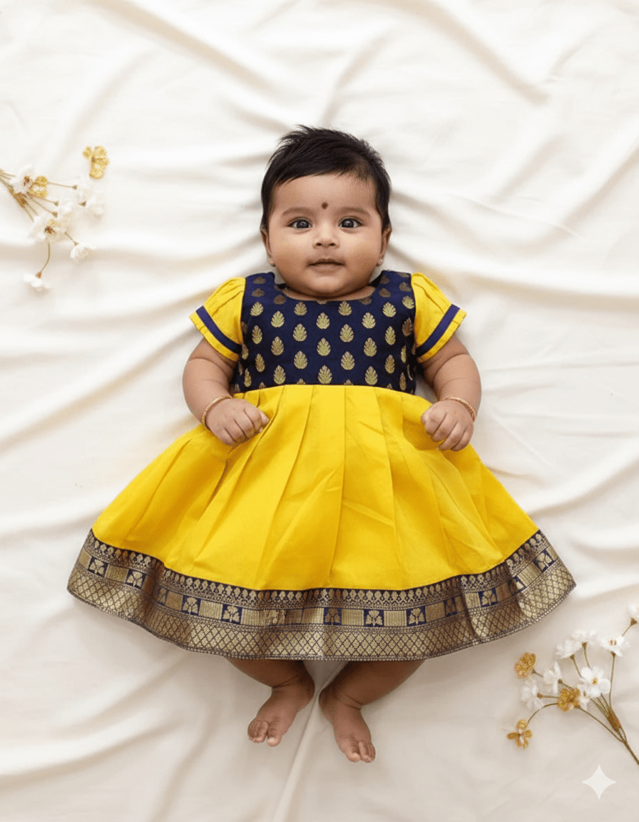 New Born Mango Yellow Navy Blue Frock LF1126 - Prince N Princess