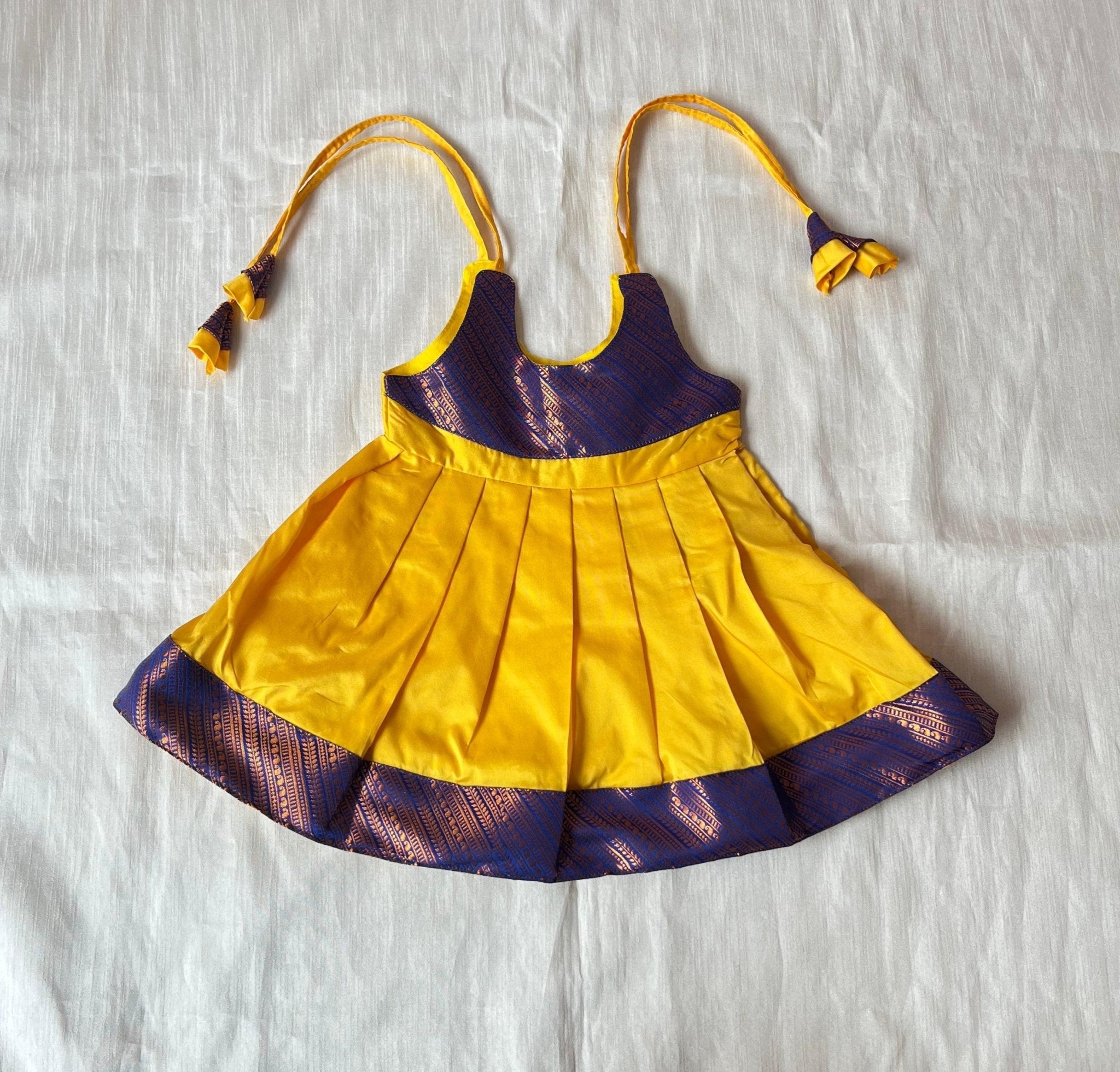 New Born Mango Yellow with Purple Border Raw Silk Frock LF1652 - Prince N Princess