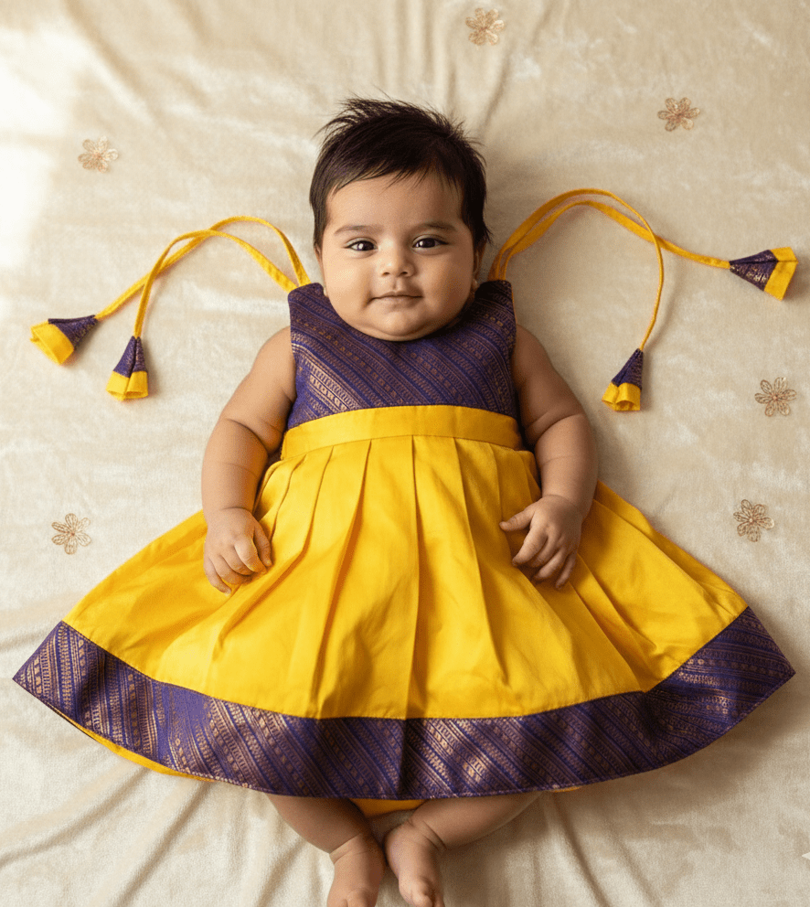 New Born Mango Yellow with Purple Border Raw Silk Frock LF1652 - Prince N Princess