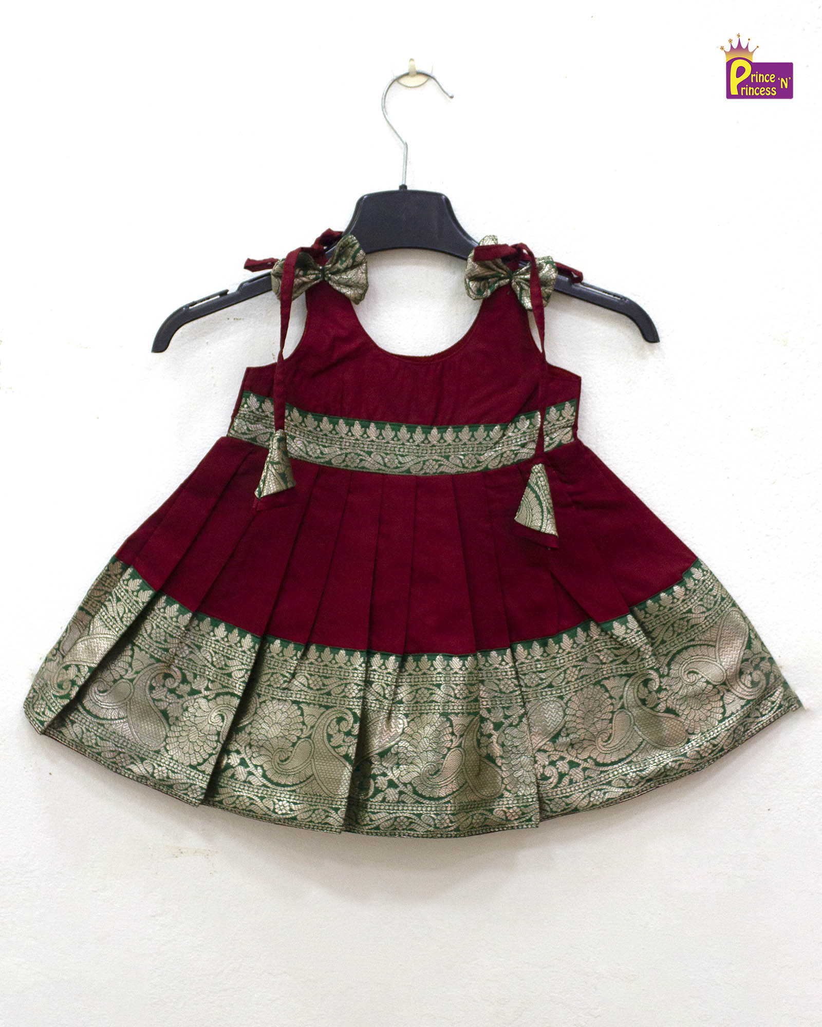 New Born Maroon With Bottle Green Raw Silk Frock LF1554 - Prince N Princess