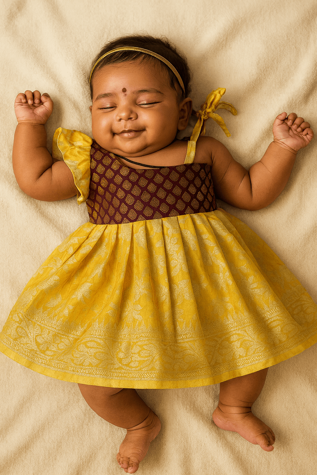 New Born Maroon with Yellow Raw silk knot Frock LF739 - Prince N Princess