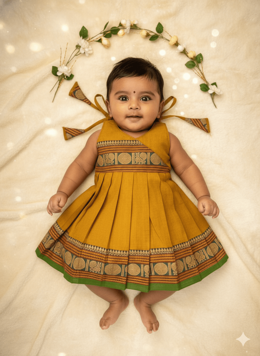 New Born Mustard Yellow Chettinad Cotton Frock LF1686 - Prince N Princess