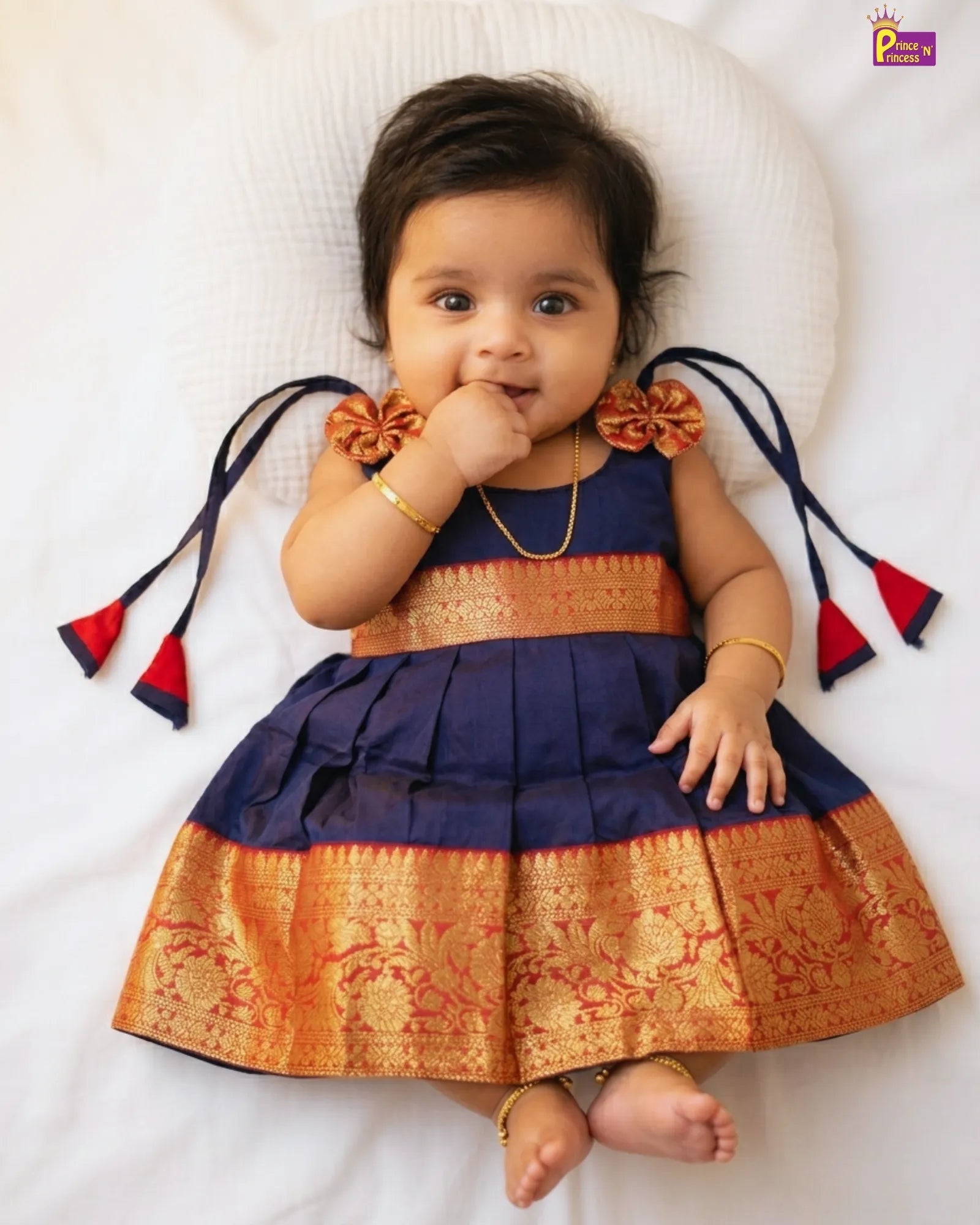 LF1609 newborn pattufrock navy blue with banarasi pattufrock princenprincess