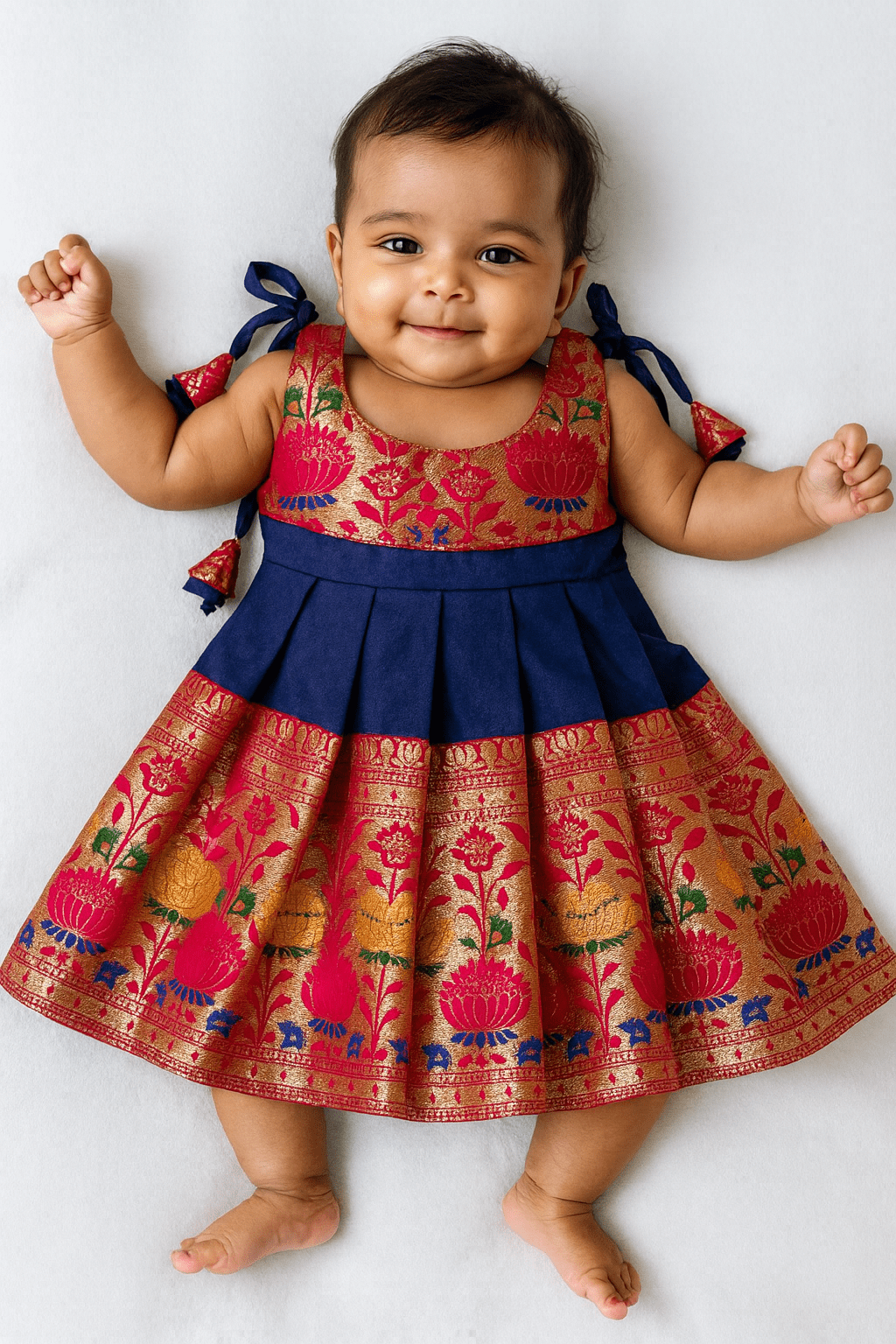 New Born Navy Blue With Pink Raw Silk Frock LF1588 - Prince N Princess