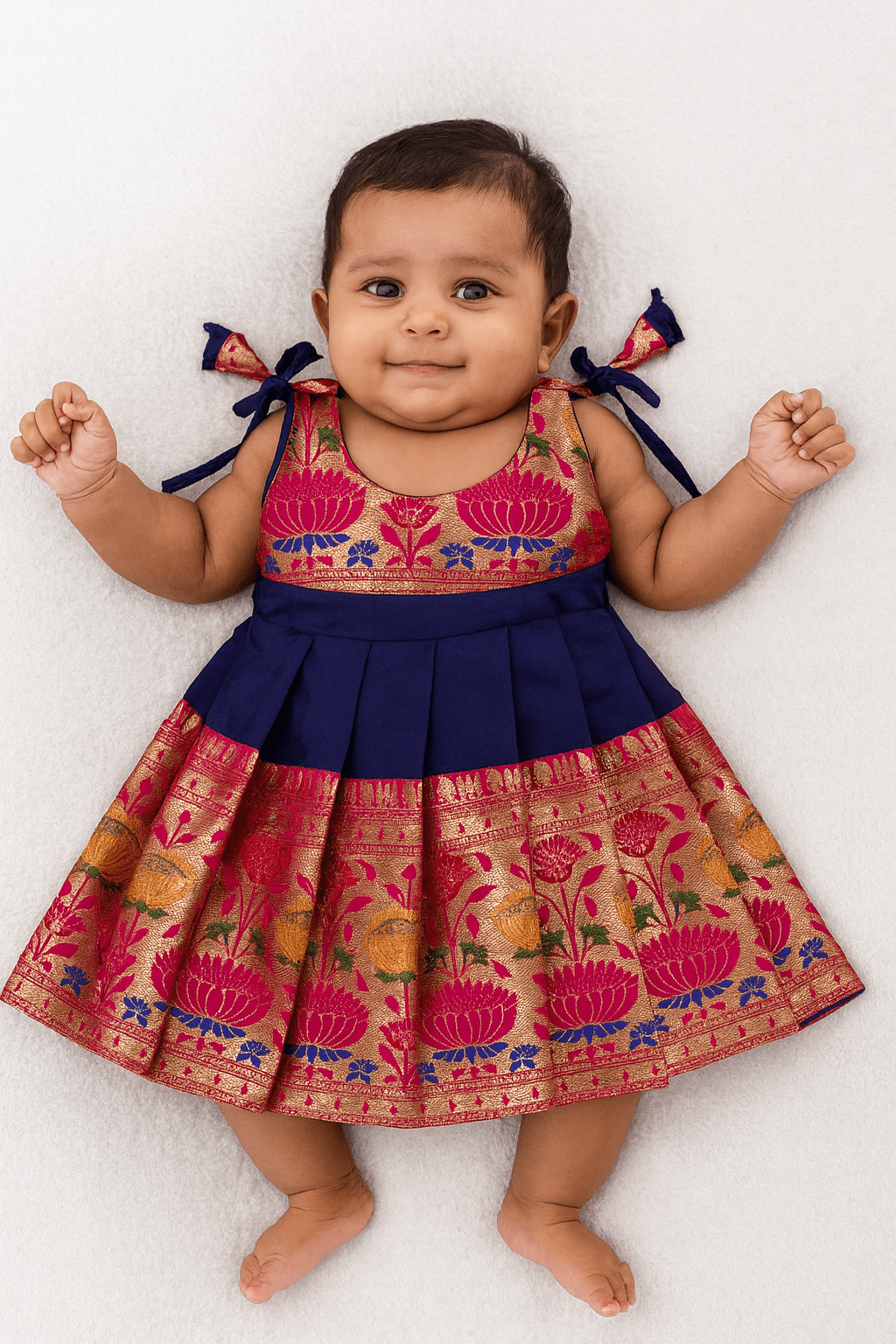 Newborn Lakshana Frock Raw Silk Navy Pink | Baby Dress S (0-2M) Newborn Lakshana Frock Raw Silk Navy Pink | Baby Dress S (0-2M)