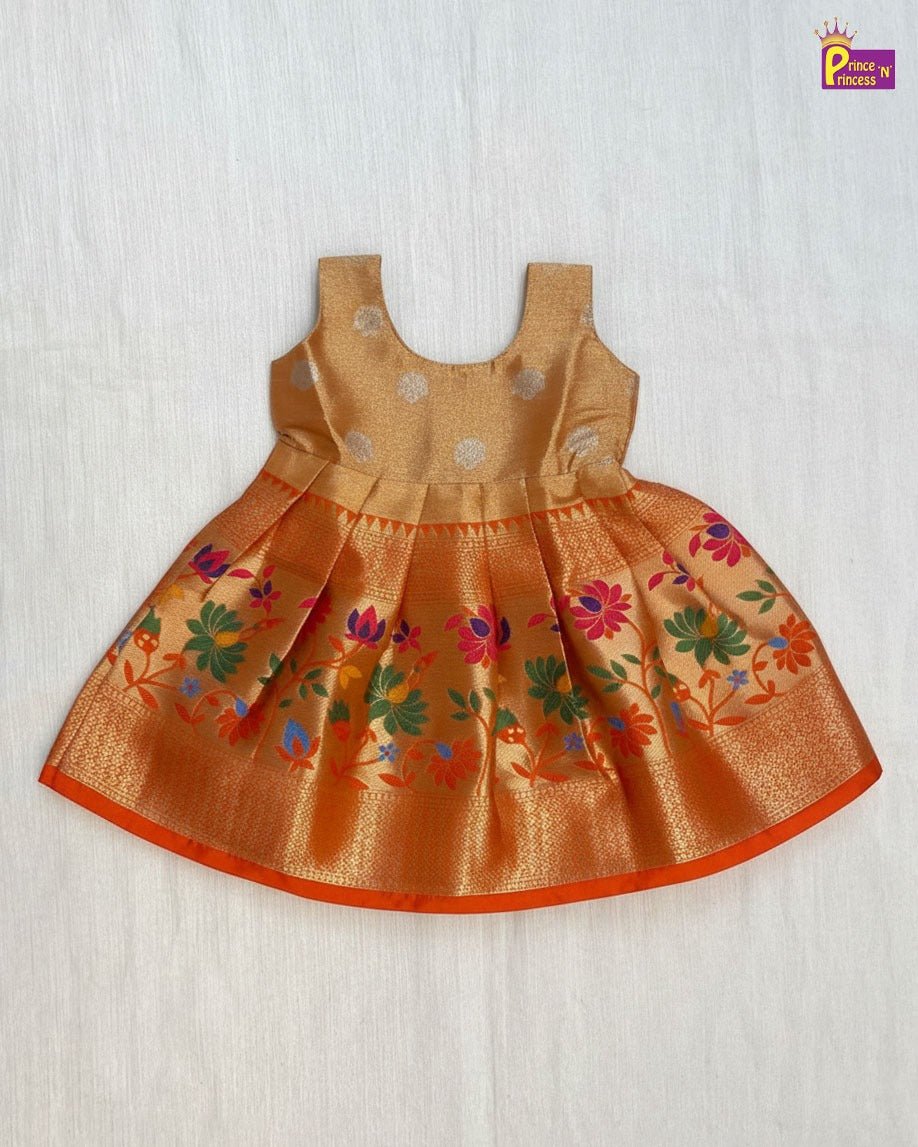 New Born Orange Banarasi Silk Knot Type Frock LF1520 - Prince N Princess