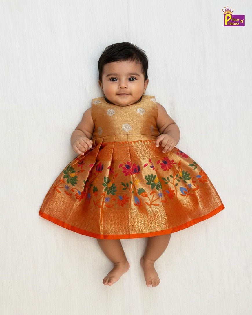 New Born Orange Banarasi Silk Knot Type Frock LF1520 - Prince N Princess