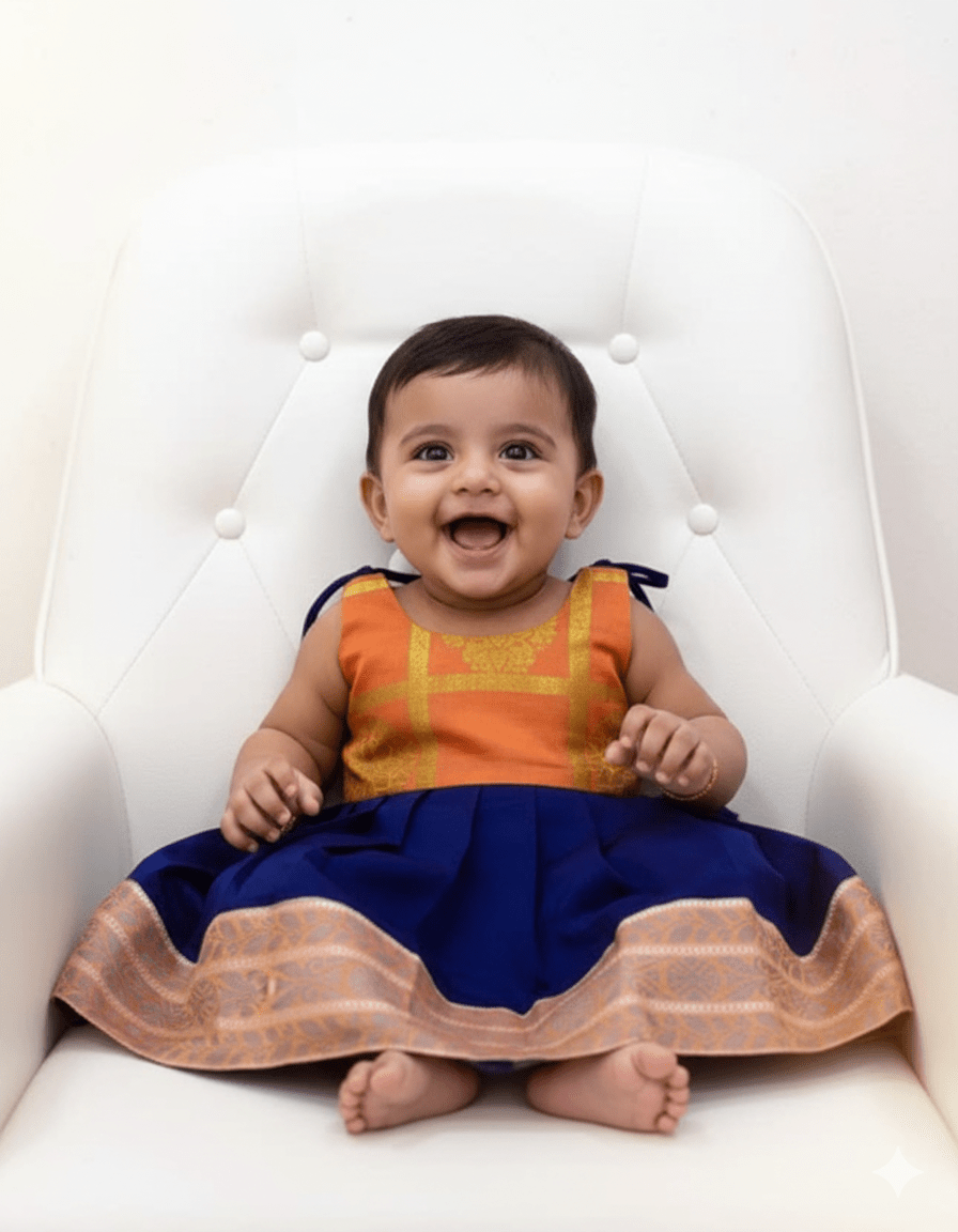 New born Orange with Navy Raw Silk Frock LF1570 - Prince N Princess