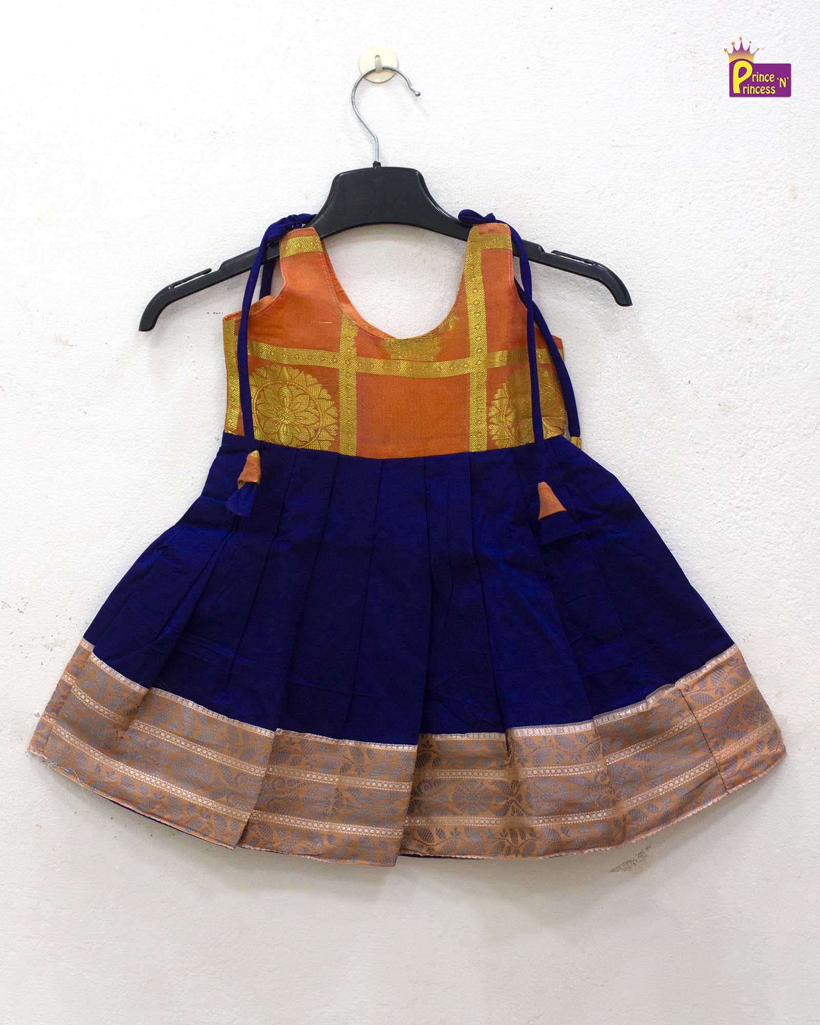 New born Orange with Navy Raw Silk Frock LF1570 - Prince N Princess