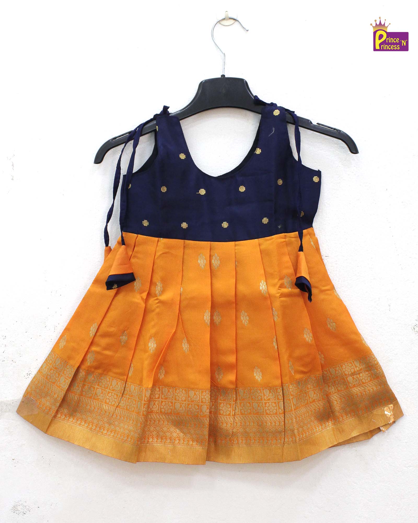 New born Orange with Navy Raw Silk Frock LF924 - Prince N Princess
