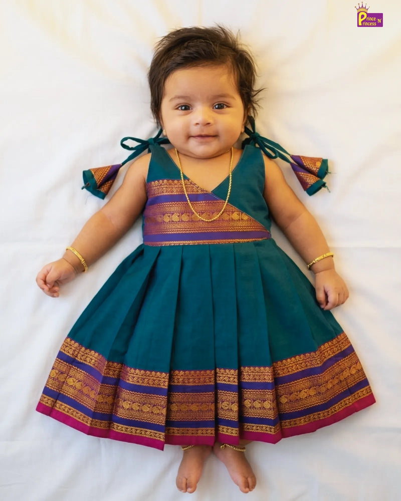 New Born peacock blue Chettinad Cotton Frock LF1679 for kids festival wear