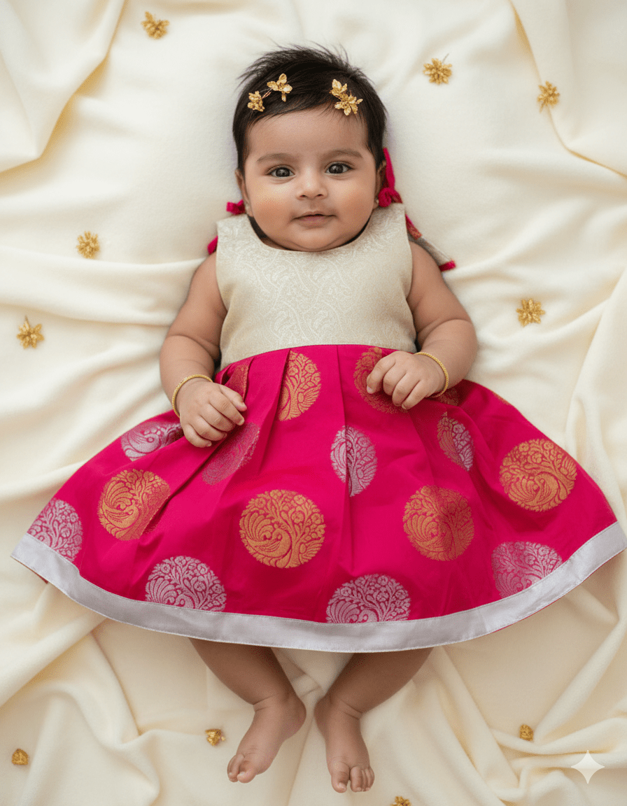 New Born Pink Silver Jari Raw Silk Frock LF1262 - Prince N Princess