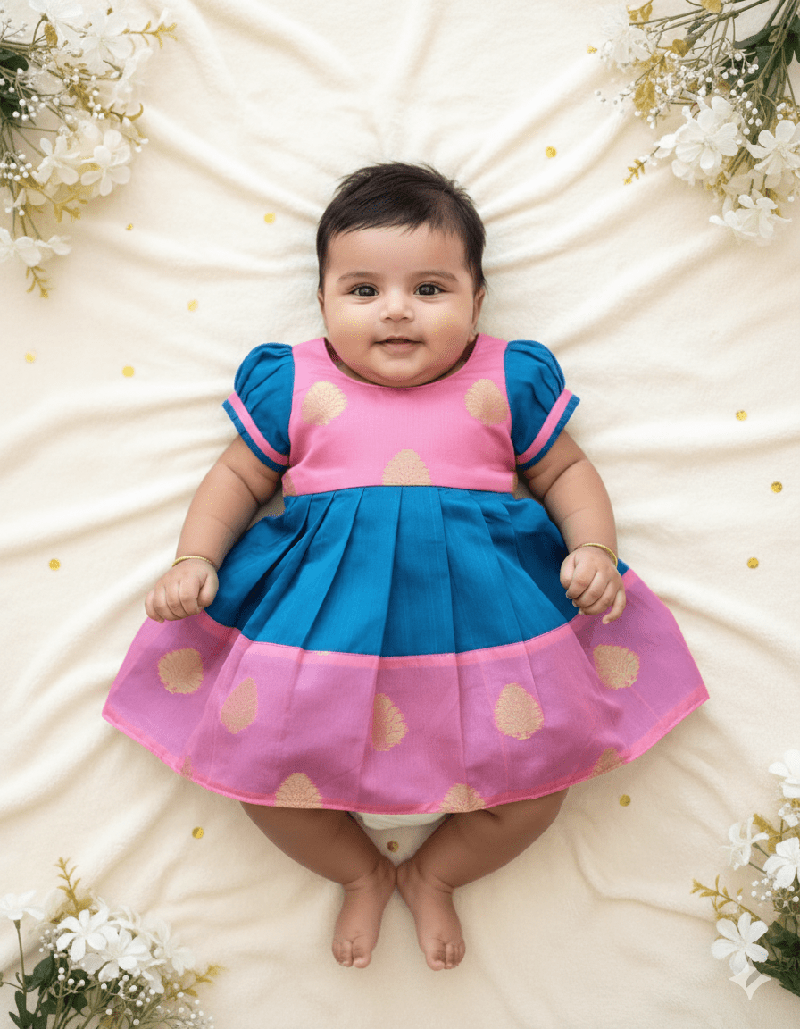 New Born Pink With Blue Pattu Frock LF971 - Prince N Princess